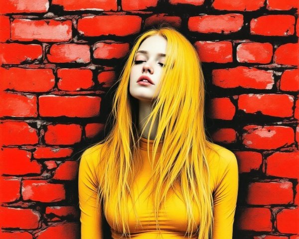 Young Woman with Yellow Hair Against Red Brick Wall