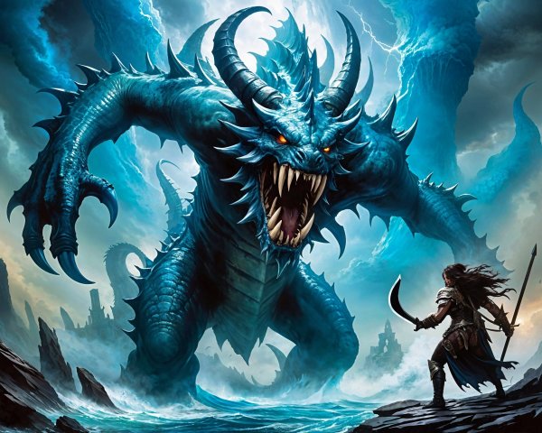 Colossal Blue Dragon Faces Warrior on Rocky Shore