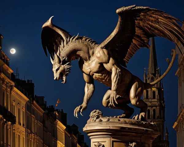 Bronze Dragon Statue Under Moonlit Night Sky