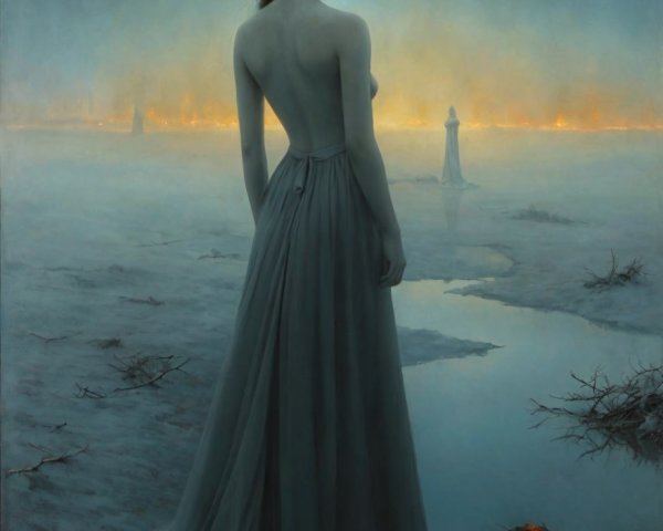 Solitary Figure in Ethereal Gown Amid Misty Landscape