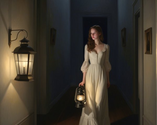 Young woman in white dress walks dim hallway with lantern