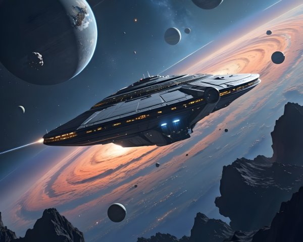 Futuristic Spaceship Surrounded by Vibrant Cosmic Elements