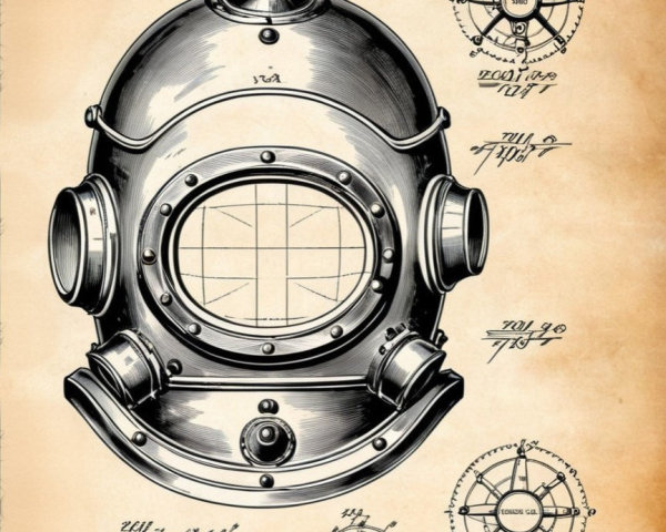 Vintage Spacewalk Helmet Illustration with Schematics