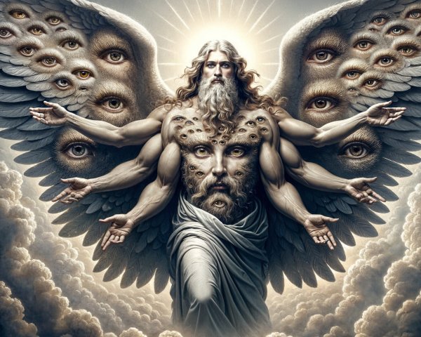 Divine figure with multiple faces and sweeping wings