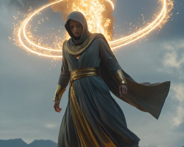 Mystical Figure in Gray Garment with Fiery Halo