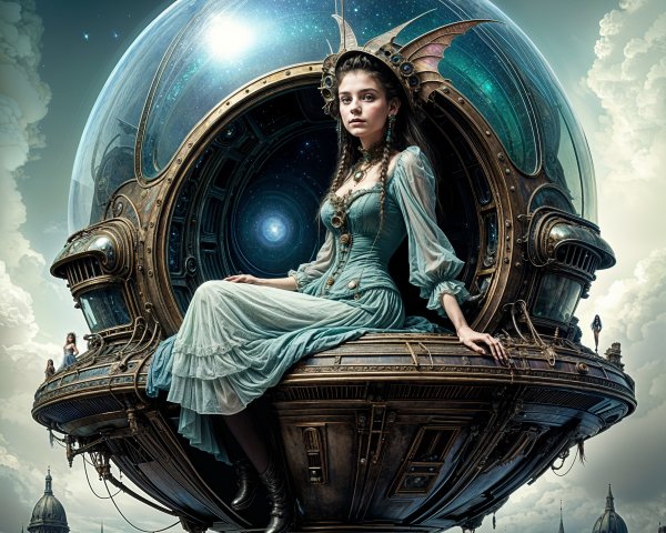 Young woman in vintage dress on steampunk vessel