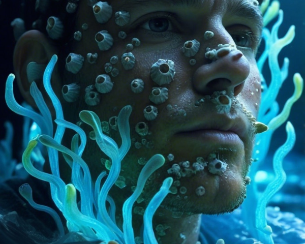 Portrait of a man submerged in water with seashells