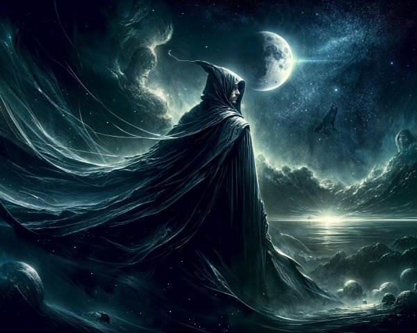 Cloaked Figure on Rocky Shore Under Starry Sky
