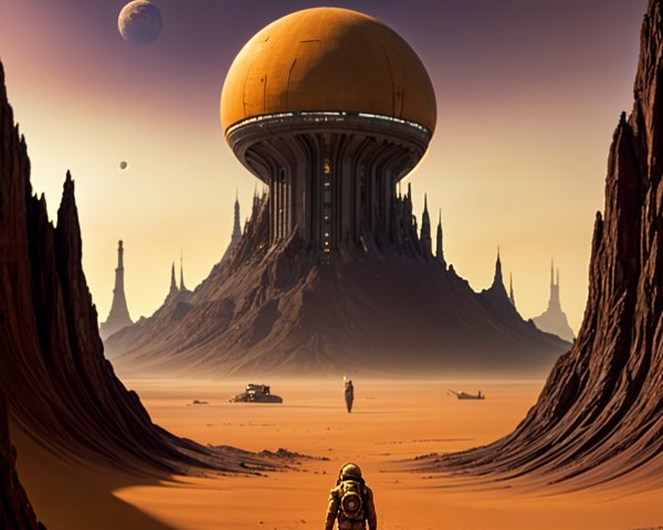 Astronaut in a Barren Landscape Under Cosmic Sky