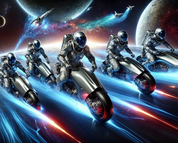 Futuristic Riders on Motorcycles in Cosmic Landscape