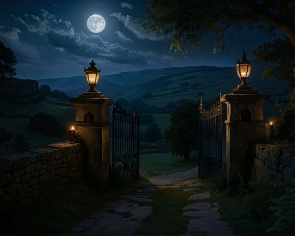 Serene Nighttime Scene with Ornate Iron Gate and Moonlight