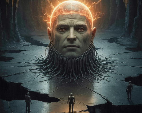 Colossal Humanoid Head in Surreal Landscape