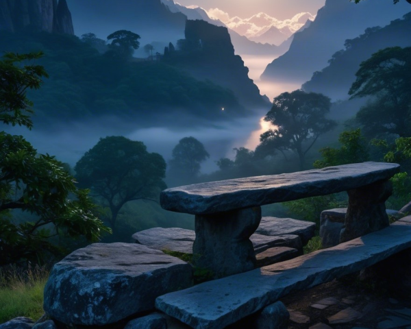 Serene Dusk Landscape with Full Moon and Mountains