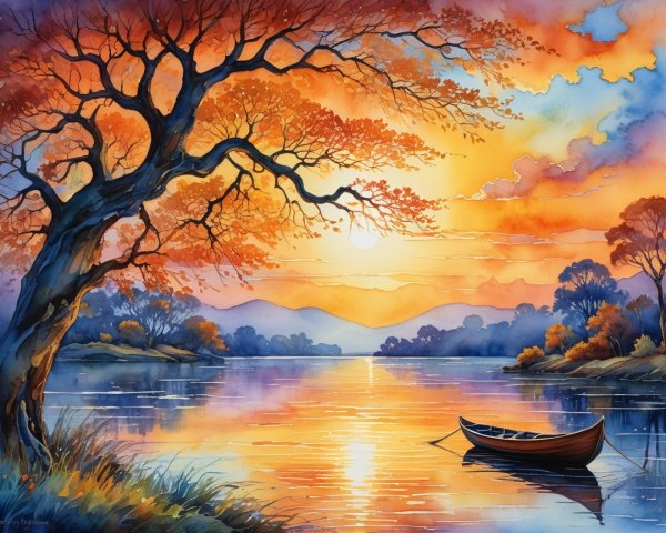 Autumn Sunset Over Serene Lake with Vibrant Colors
