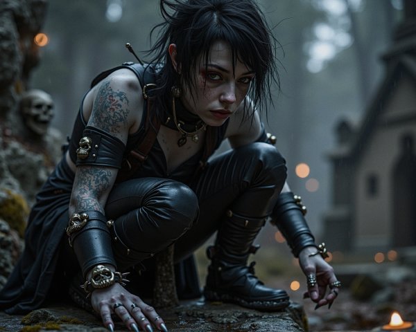 Fierce Figure in a Misty Forest with Edgy Aesthetic