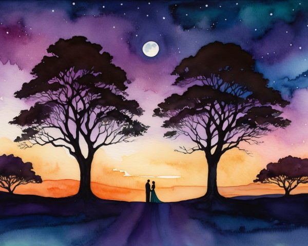 Watercolor Landscape of Silhouettes Under Night Sky