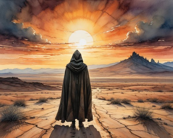 Cloaked Figure on Desert Path at Vibrant Sunset