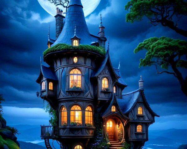 Whimsical Fairytale House on a Rocky Hill at Night