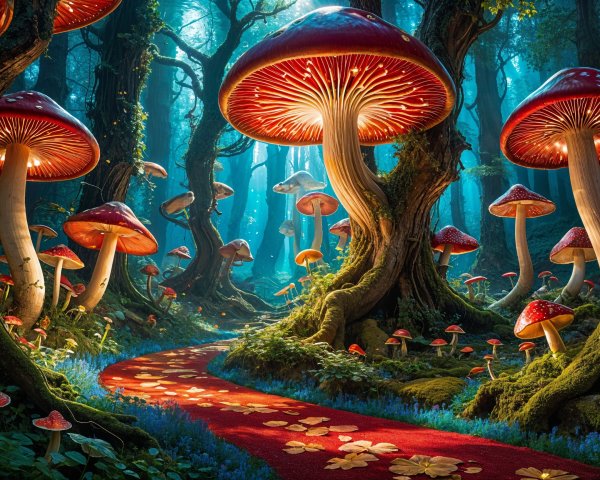 Magical forest with vibrant mushrooms and blue flowers