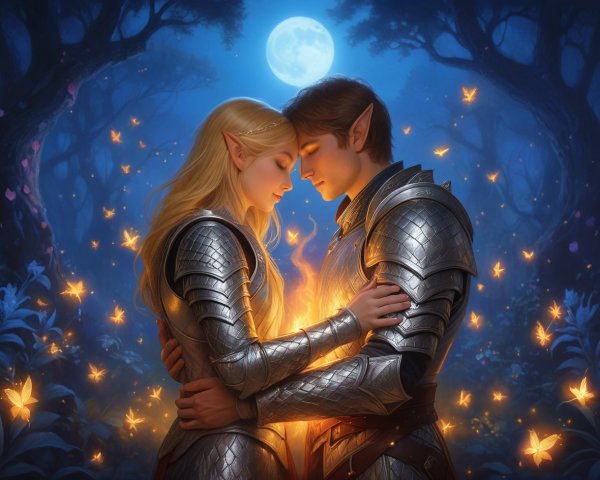 Elven Knight Couple Embracing in Magical Forest Night