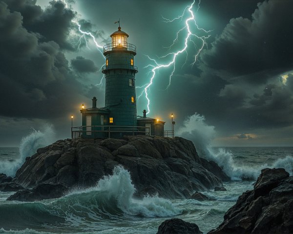 Lighthouse on Rocky Shore Amidst Stormy Ocean Waves