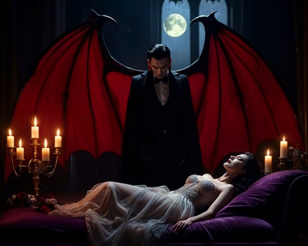 Gothic Scene of a Man with Red Wings and Woman in Gown