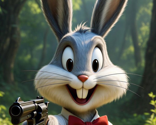 Cartoon Rabbit with Revolver in Lush Forest Setting