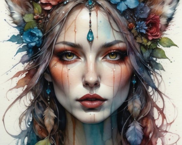 Portrait of a Woman with Fox-Like Features and Florals