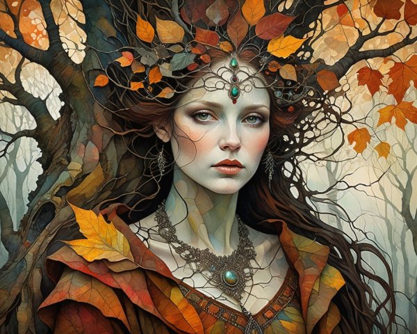 Mystical Woman in Autumn Forest with Gemstone Necklace
