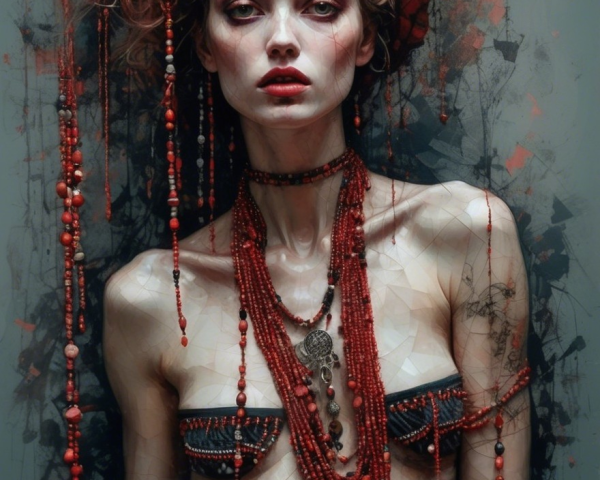 Ethereal Woman with Intricate Red Accessories and Tattoos