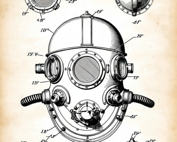 Vintage Patent Illustration of a Diving Helmet Design