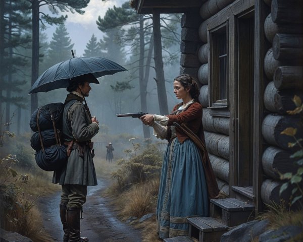 Tense Standoff in a Misty Forest by a Log Cabin