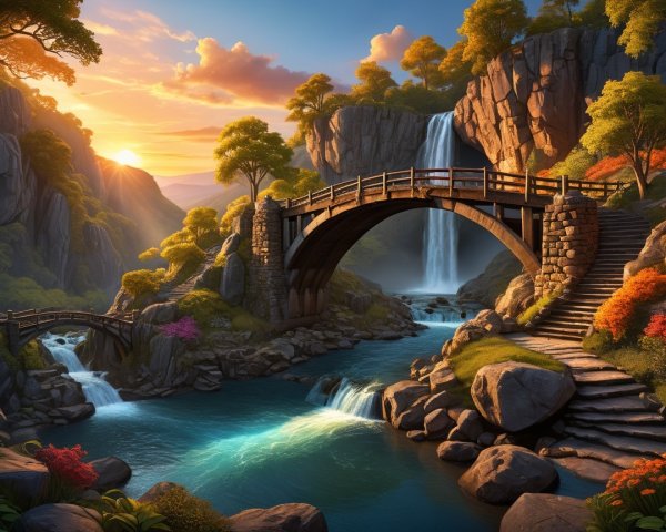 Serene Landscape with Stone Bridge and Waterfalls