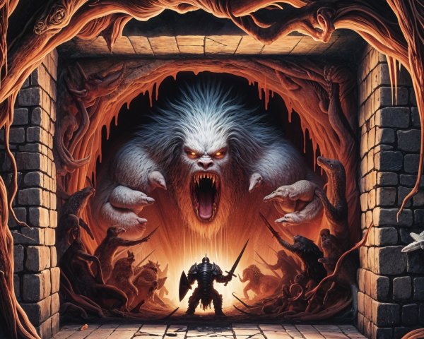 Dungeon Scene with Monstrous Creature and Warrior