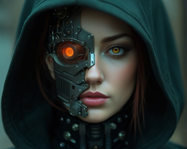 Mysterious Figure with Robotic Mask and Cloak
