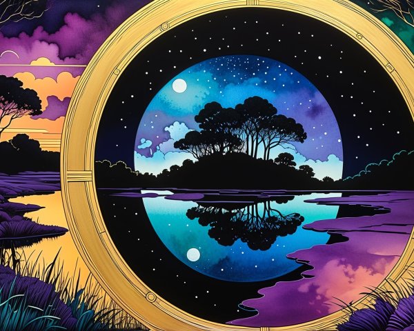 Surreal Night Landscape with Moons and Reflections
