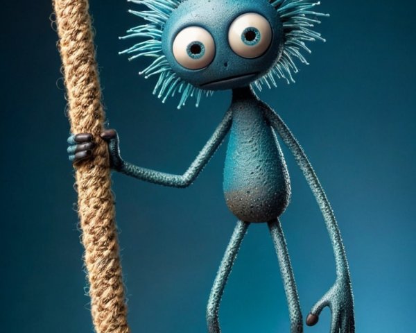 Whimsical Blue Character on Textured Surface with Rope