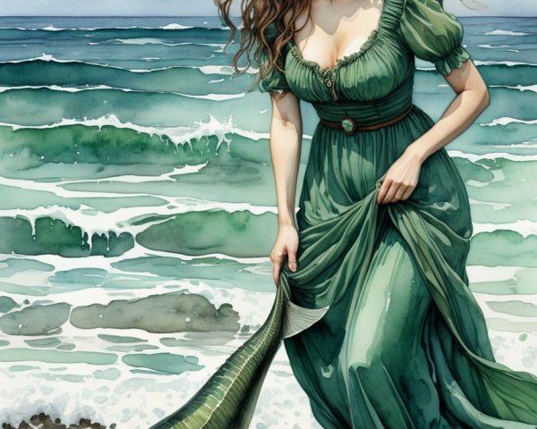Ethereal Beach Scene with Woman and Large Fish