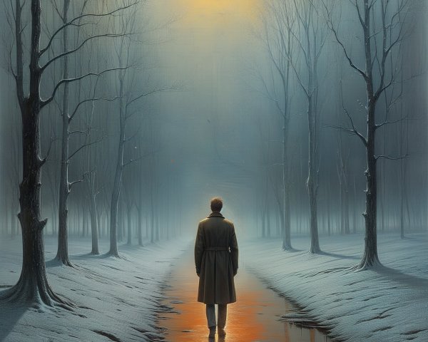 Lone Figure on Misty Path with Bare Trees and Snow