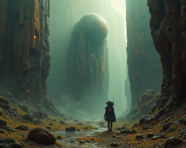 Misty Canyon with a Mysterious Orb and Shadows