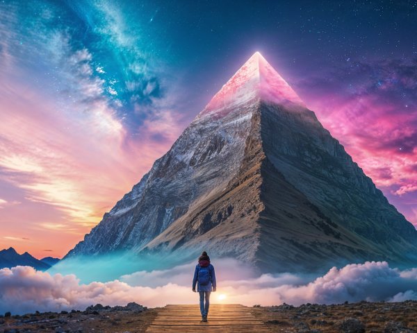 Serene figure on path gazes at glowing mountain peak