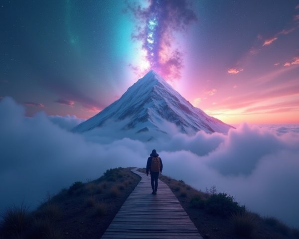 Lone Traveler on Wooden Path to Majestic Mountain Peak