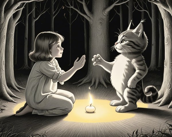 Magical Forest Scene with Girl and Cartoon Cat