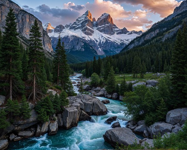 Vibrant River in Rocky Terrain with Snowy Mountains