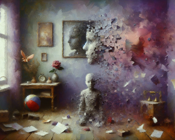 Surreal Room with Broken Figure and Colorful Objects