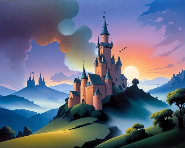 Majestic castle landscape at sunset with misty hills