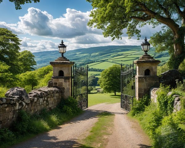 Wrought-Iron Gate Leading to Lush Green Valley