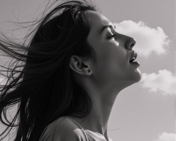 Profile of a Woman with Long Hair Against a Sky