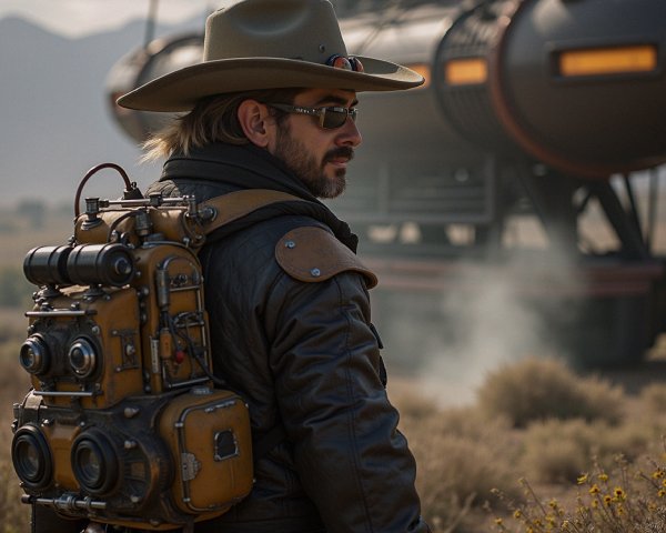 Rugged Adventurer in Steampunk Desert Landscape