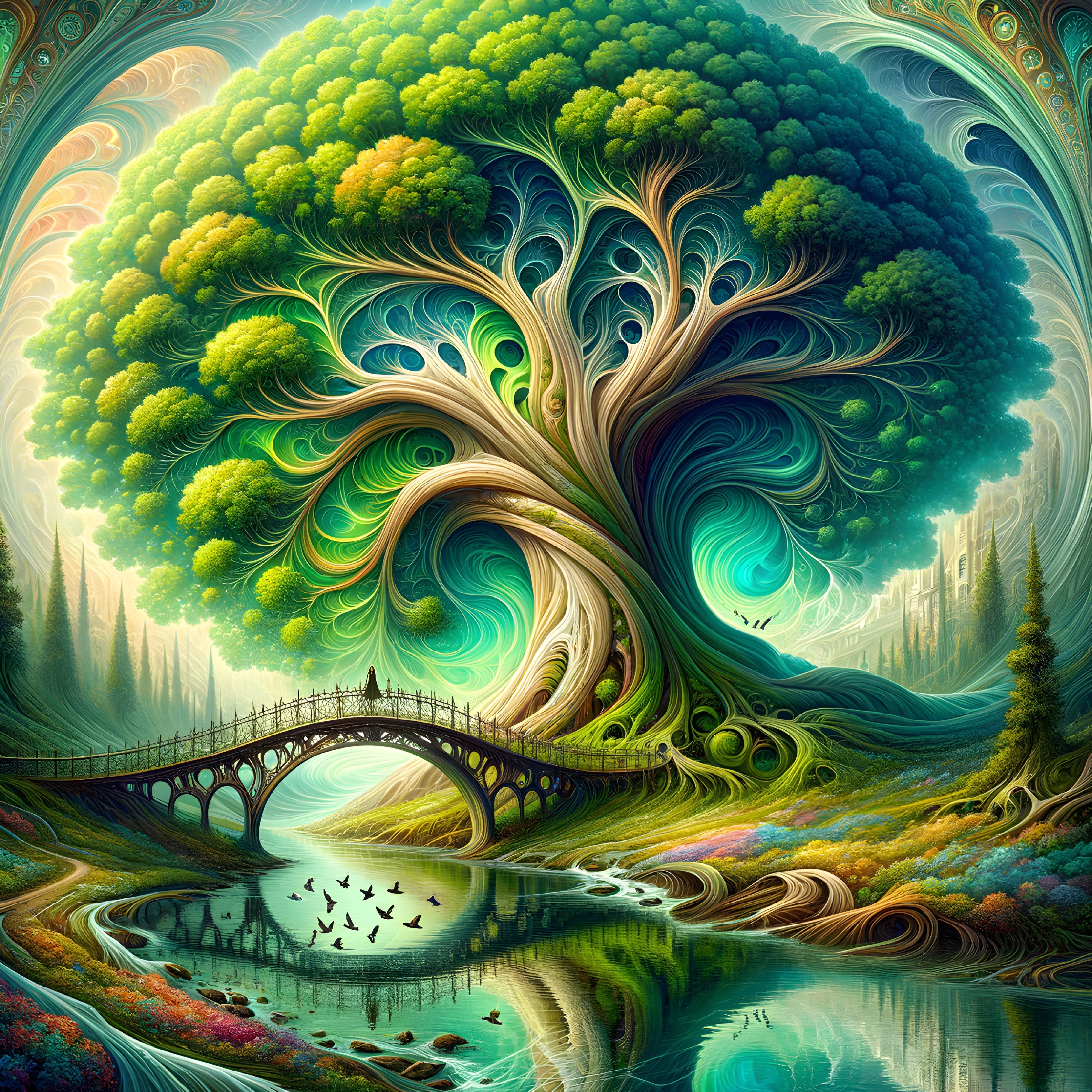 Vibrant Fantastical Scene with Tree and Tranquil River